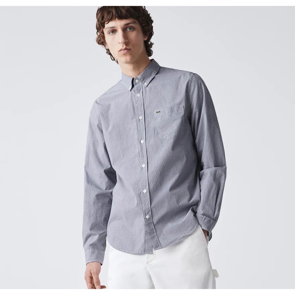 Lacoste Mens‎ Slim Fit Gingham Check Button Down Shirt Navy Blue White Size 40